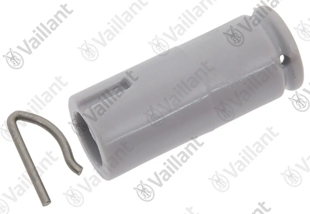 Vaillant Adapter in Grau mit einer dazugehörigen metallenen Sicherungsöse. Anwendungsbereich nicht spezifiziert.